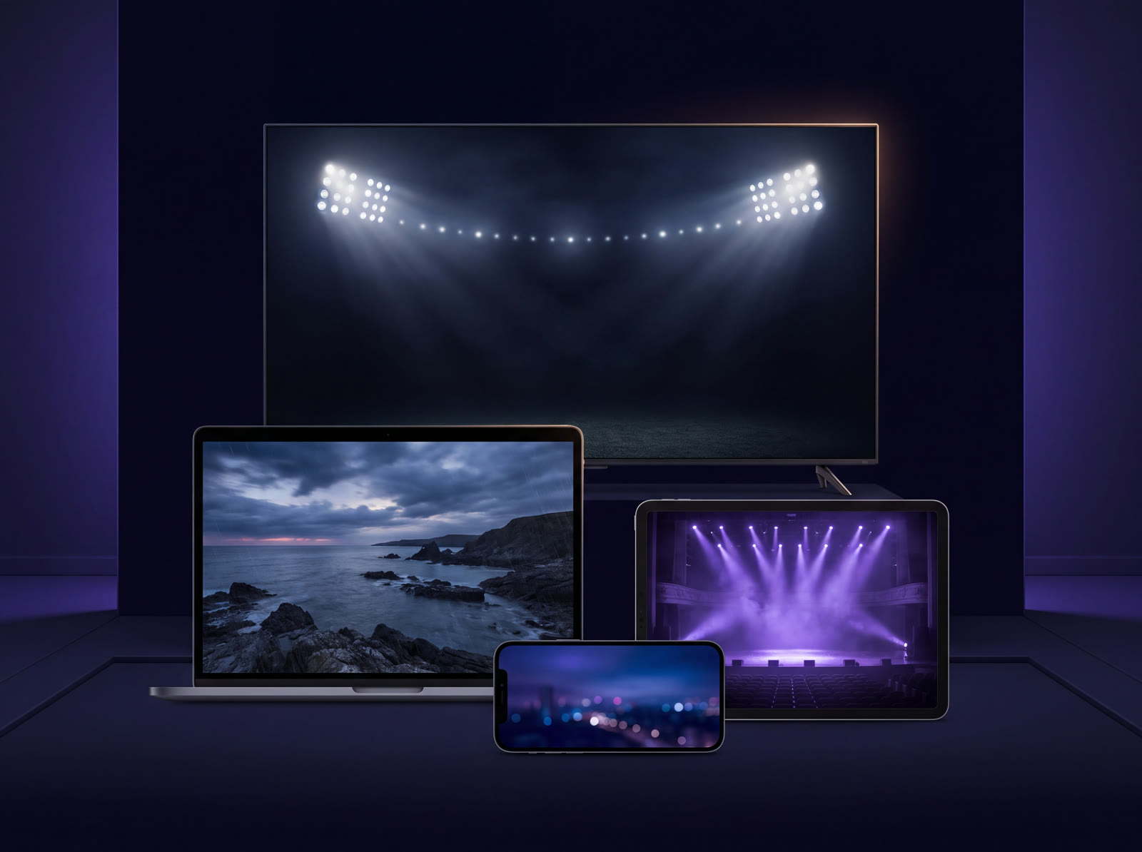 LibertyTV playing across a television, laptop, tablet, and phone